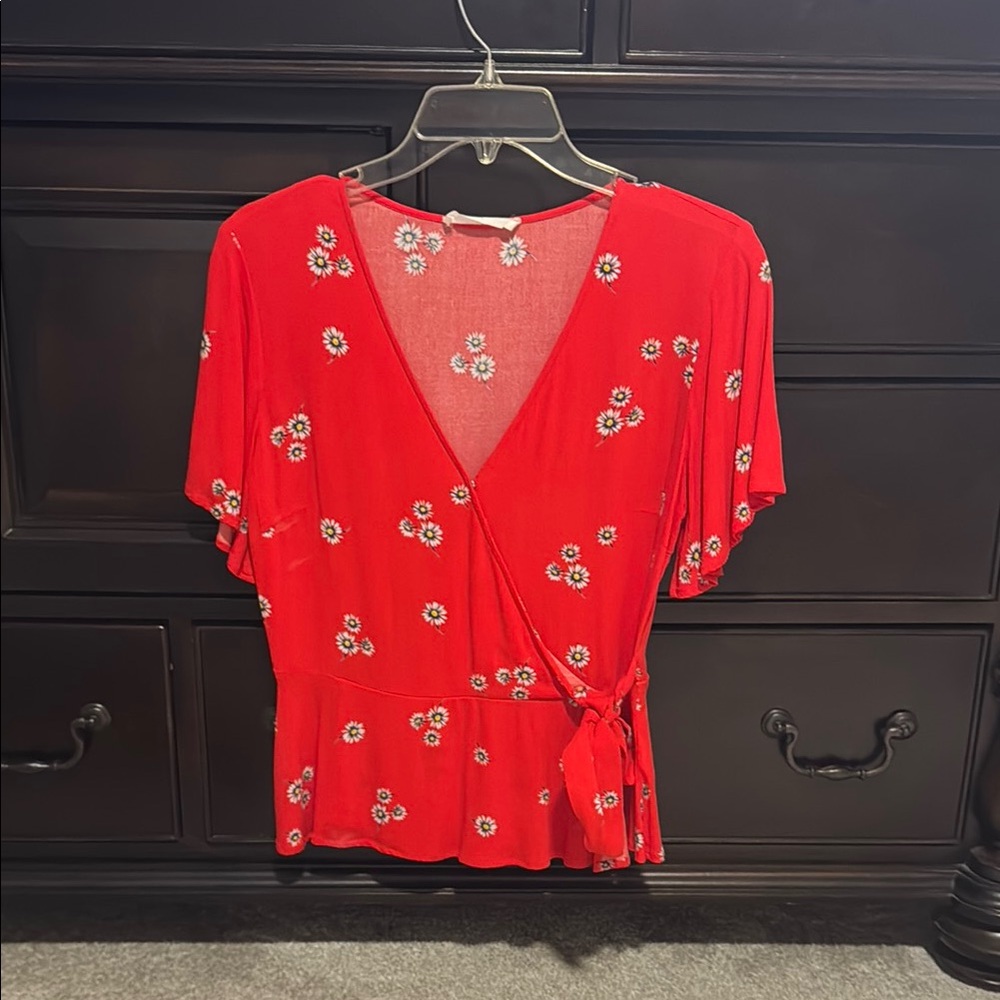 Elodie Red Gold Wrap Blouse with Tie Front